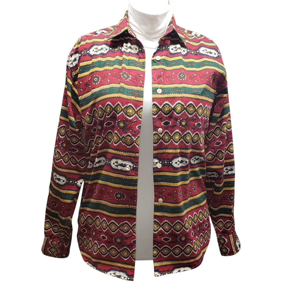 Khaki Club Vintage 90s Aztec Tribal Shirt Sz 10 Southwestern Boho Festivalwear